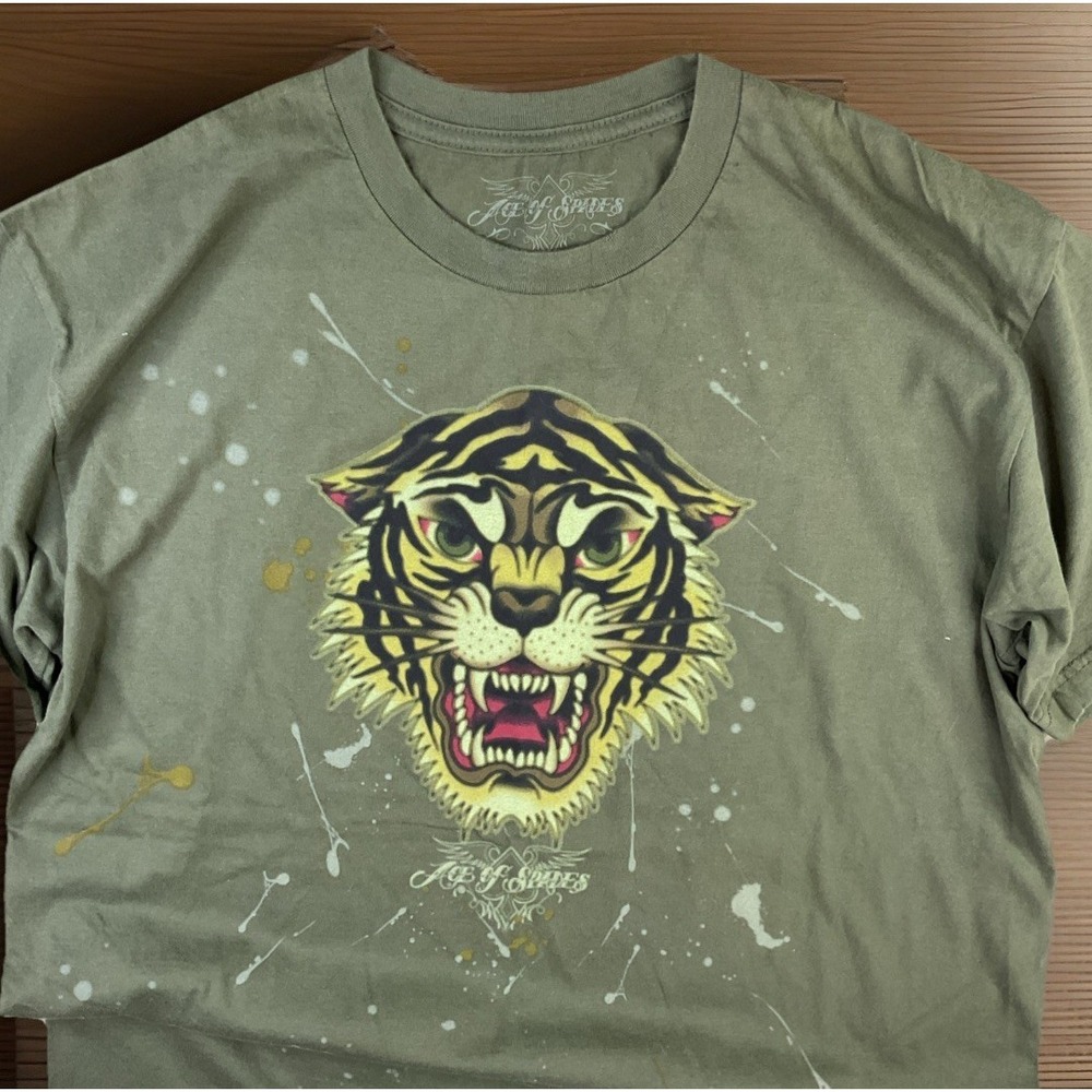 Ace Of Spades T-Shirt‎ Men Sz L Tattoo Graphic Tiger Short Sleeve Crewneck Green